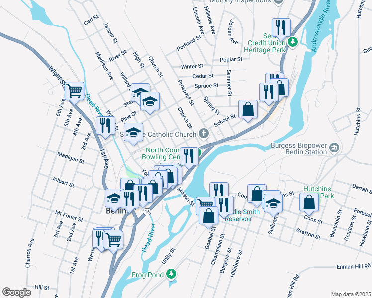 map of restaurants, bars, coffee shops, grocery stores, and more near 289 Pleasant Street in Berlin