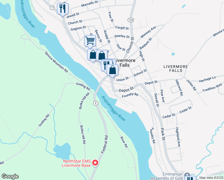 map of restaurants, bars, coffee shops, grocery stores, and more near 1 Depot Street in Livermore Falls
