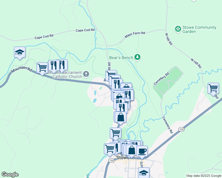 map of restaurants, bars, coffee shops, grocery stores, and more near 502 Mountain Road in Stowe