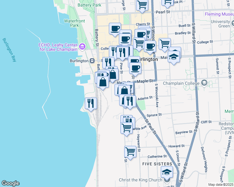 map of restaurants, bars, coffee shops, grocery stores, and more near 234 South Champlain Street in Burlington