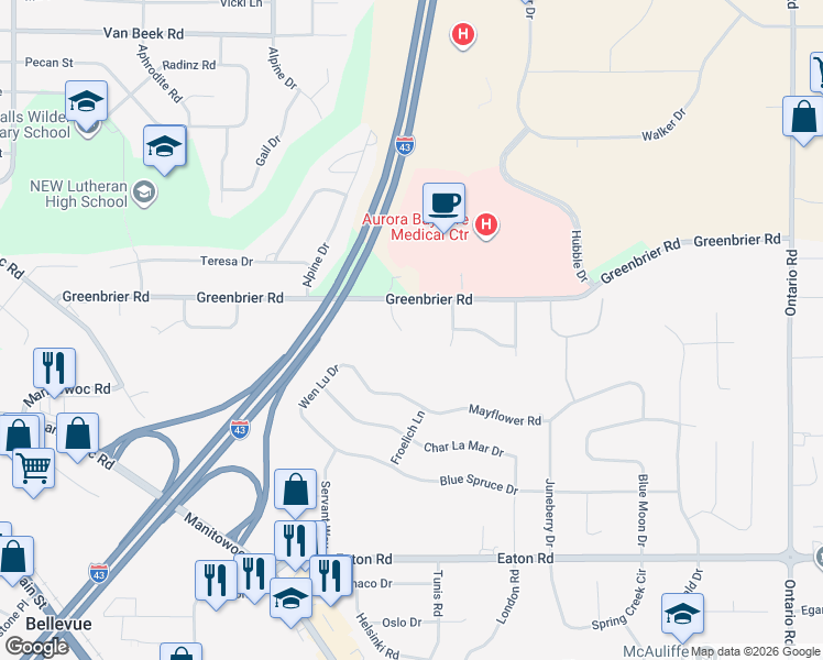 map of restaurants, bars, coffee shops, grocery stores, and more near 2700 Greenbrier Road in Green Bay
