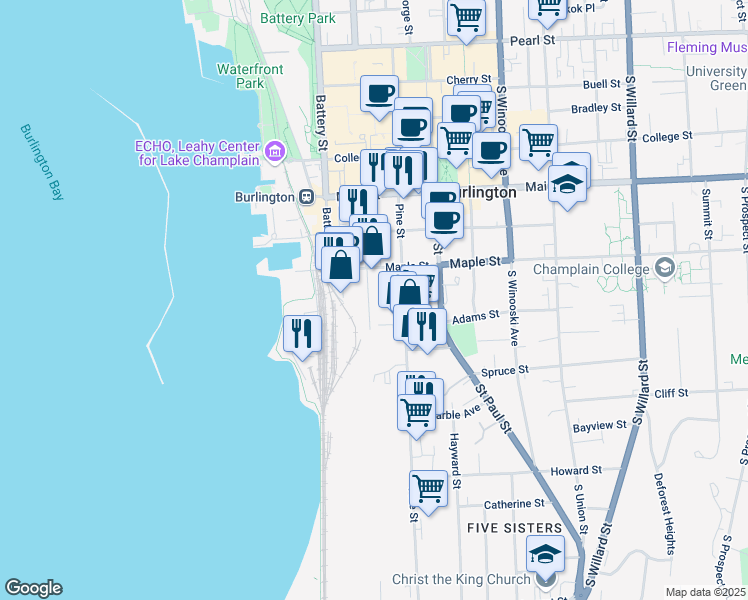 map of restaurants, bars, coffee shops, grocery stores, and more near 234 South Champlain Street in Burlington