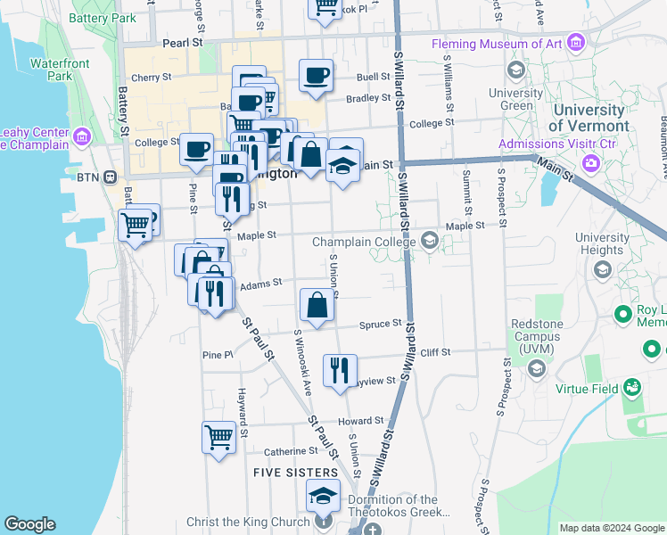 map of restaurants, bars, coffee shops, grocery stores, and more near 257 South Union Street in Burlington