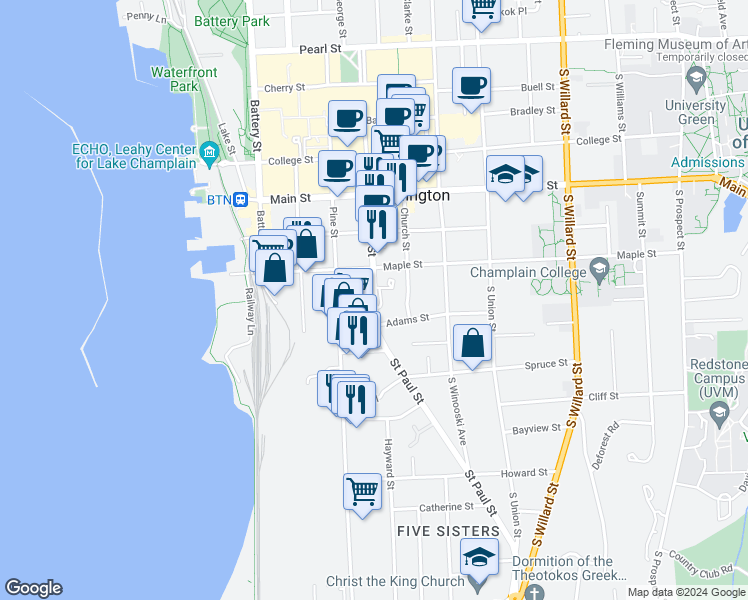 map of restaurants, bars, coffee shops, grocery stores, and more near 230 Saint Paul Street in Burlington