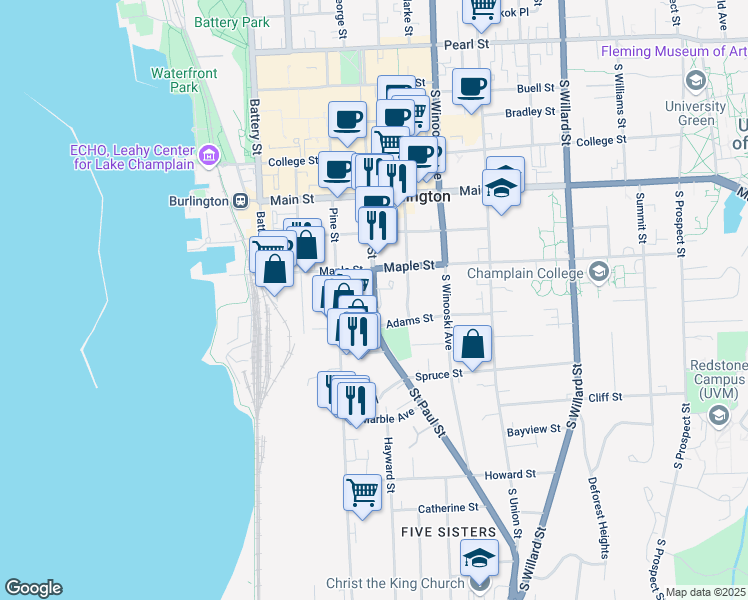 map of restaurants, bars, coffee shops, grocery stores, and more near Saint Paul Street in Burlington