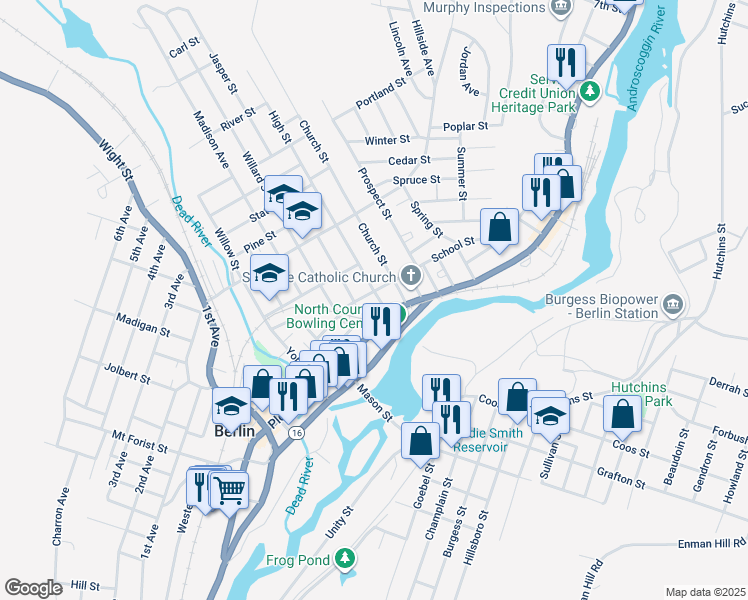 map of restaurants, bars, coffee shops, grocery stores, and more near 289 Pleasant Street in Berlin