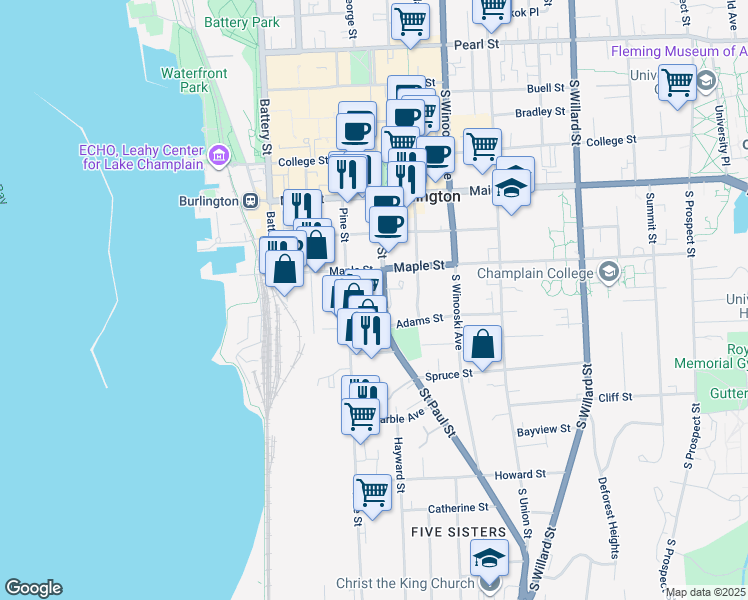 map of restaurants, bars, coffee shops, grocery stores, and more near 6 Adams Street in Burlington