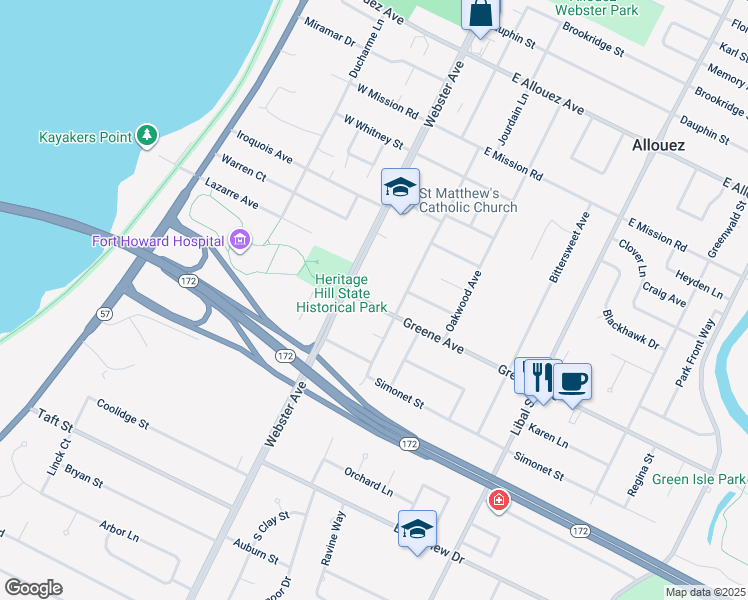 map of restaurants, bars, coffee shops, grocery stores, and more near 133 Greene Avenue in Allouez