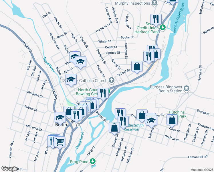 map of restaurants, bars, coffee shops, grocery stores, and more near 275 School Street in Berlin