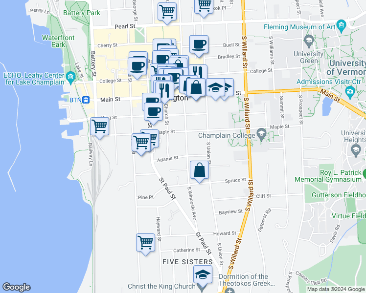 map of restaurants, bars, coffee shops, grocery stores, and more near 230 South Winooski Avenue in Burlington
