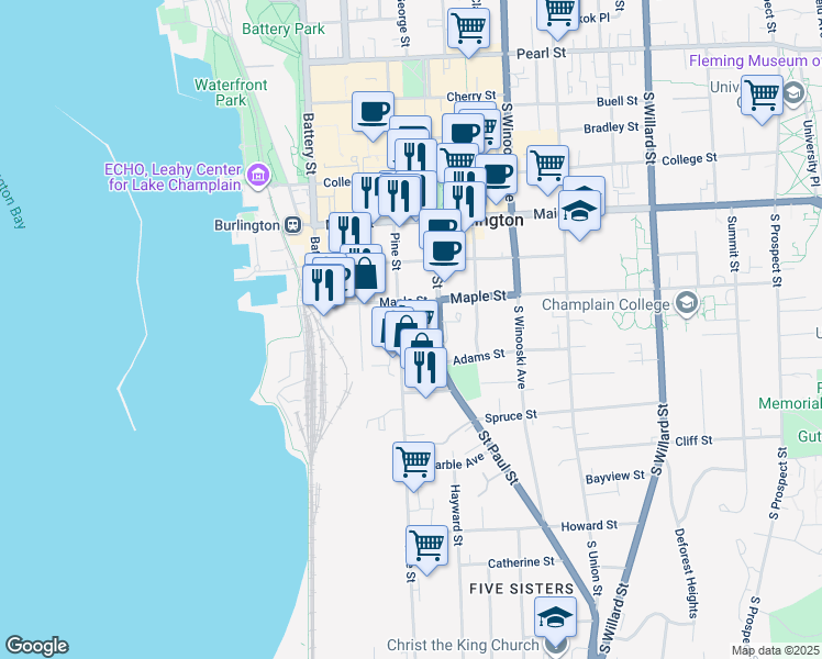 map of restaurants, bars, coffee shops, grocery stores, and more near 111 Maple Street in Burlington