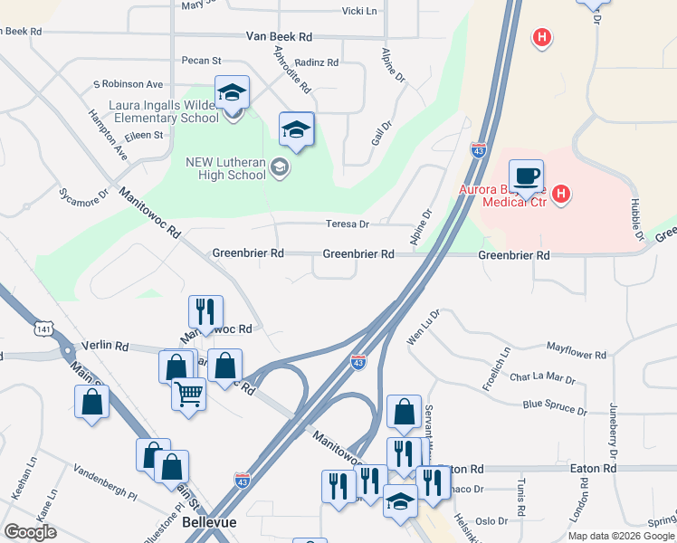 map of restaurants, bars, coffee shops, grocery stores, and more near 2671 Greenbrier Road in Green Bay