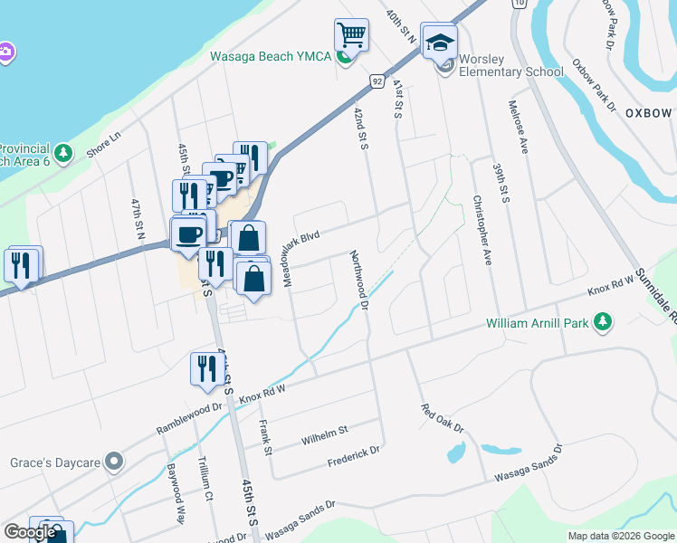 map of restaurants, bars, coffee shops, grocery stores, and more near 29 Old Hickory Lane in Wasaga Beach