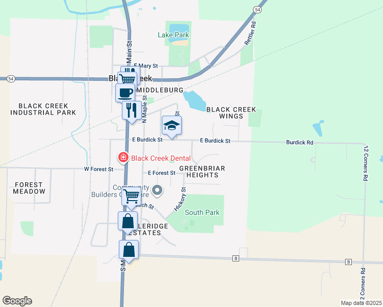 map of restaurants, bars, coffee shops, grocery stores, and more near 104 Sycamore Street in Black Creek