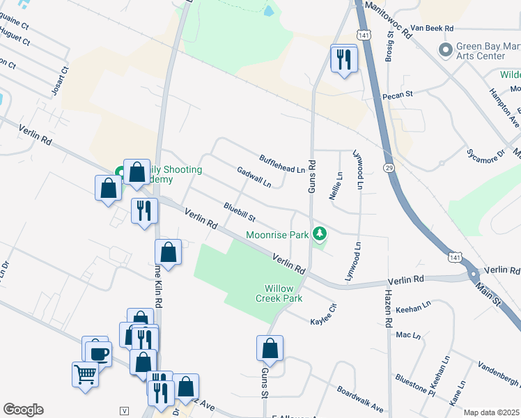 map of restaurants, bars, coffee shops, grocery stores, and more near 2135 Skyview Street in Green Bay