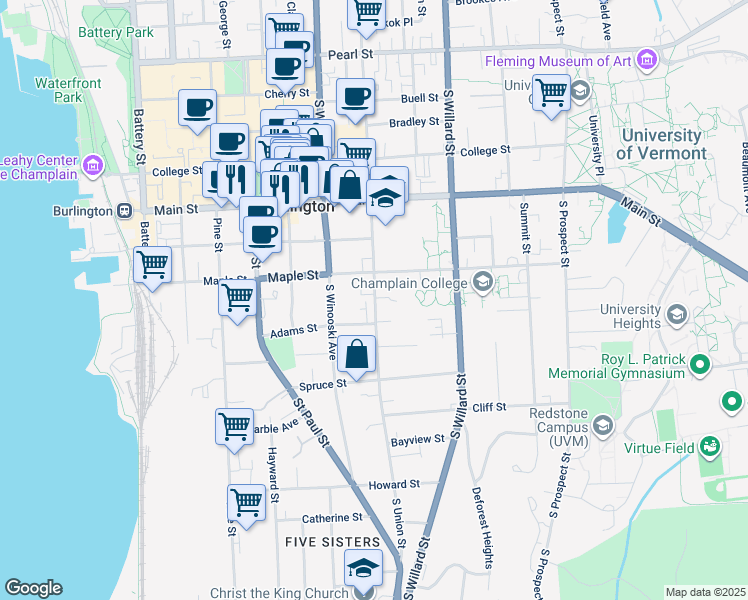 map of restaurants, bars, coffee shops, grocery stores, and more near 231 South Union Street in Burlington
