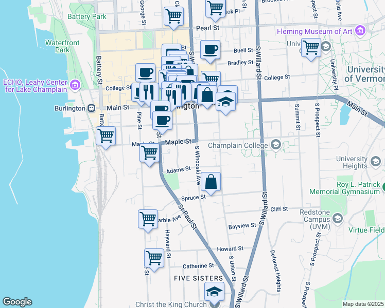 map of restaurants, bars, coffee shops, grocery stores, and more near 230 South Winooski Avenue in Burlington
