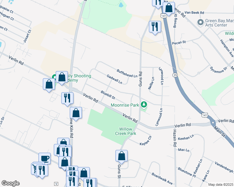 map of restaurants, bars, coffee shops, grocery stores, and more near 2135 Skyview Street in Green Bay