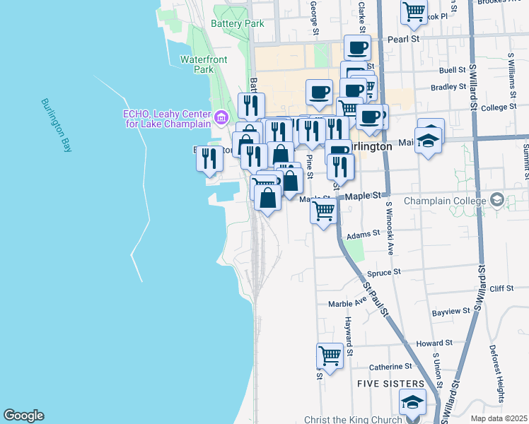 map of restaurants, bars, coffee shops, grocery stores, and more near 216 Battery Street in Burlington