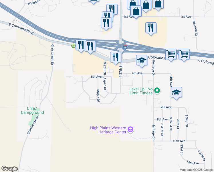 map of restaurants, bars, coffee shops, grocery stores, and more near 506 Aspen Drive in Spearfish