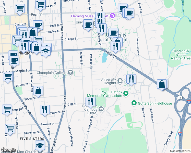 map of restaurants, bars, coffee shops, grocery stores, and more near 262 South Prospect Street in Burlington
