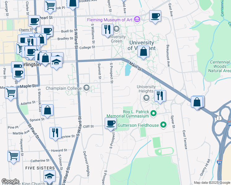 map of restaurants, bars, coffee shops, grocery stores, and more near 262 South Prospect Street in Burlington