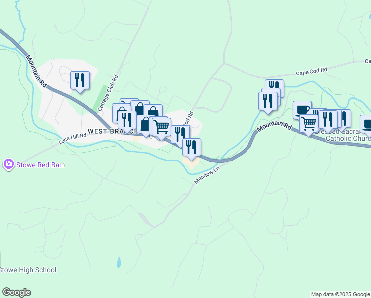 map of restaurants, bars, coffee shops, grocery stores, and more near 1652 Mountain Road in Stowe