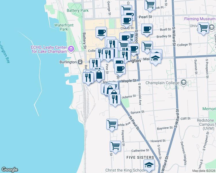 map of restaurants, bars, coffee shops, grocery stores, and more near 111 Maple Street in Burlington