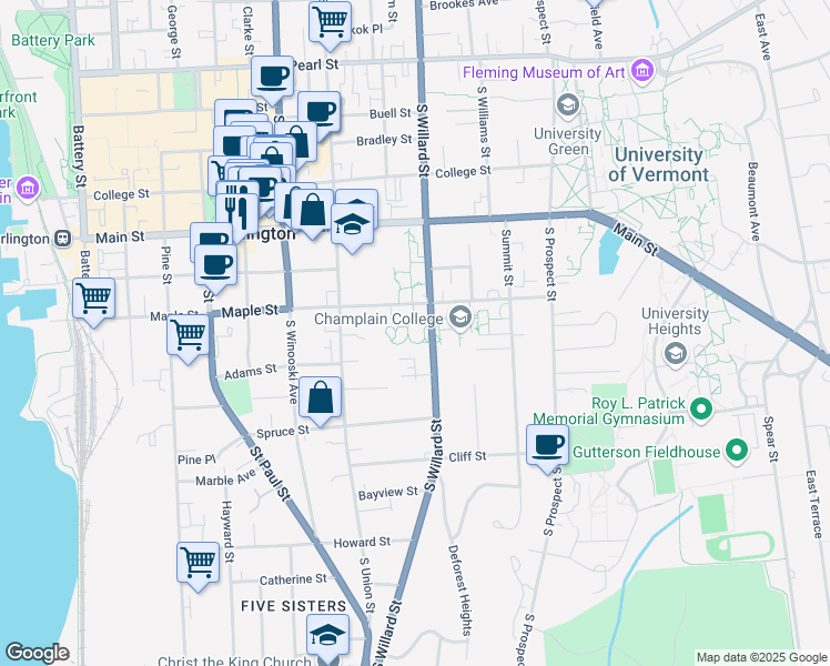 map of restaurants, bars, coffee shops, grocery stores, and more near 251 South Willard Street in Burlington