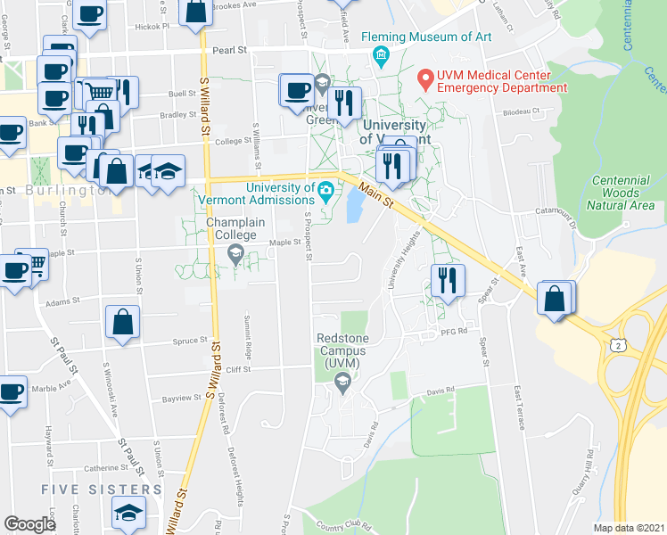 map of restaurants, bars, coffee shops, grocery stores, and more near 151 Robinson Parkway in Burlington