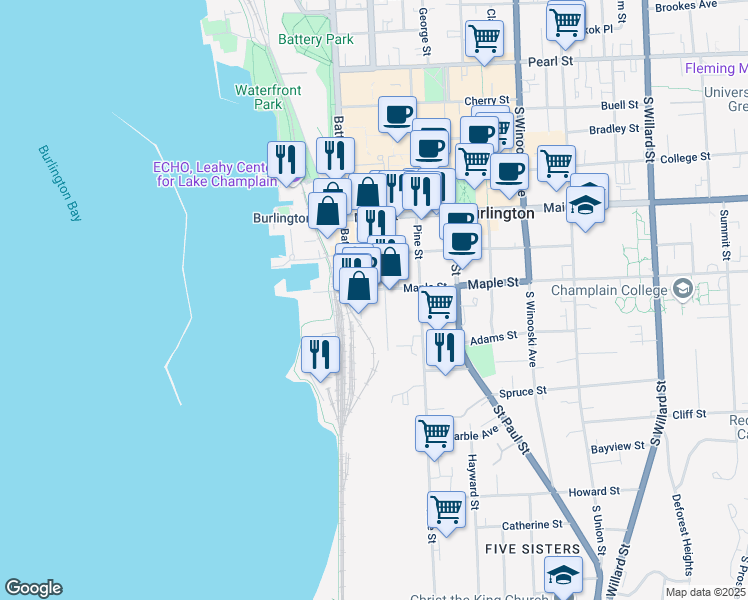 map of restaurants, bars, coffee shops, grocery stores, and more near 216 Battery Street in Burlington