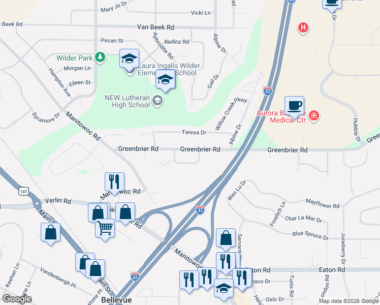 map of restaurants, bars, coffee shops, grocery stores, and more near 2671 Greenbrier Road in Green Bay