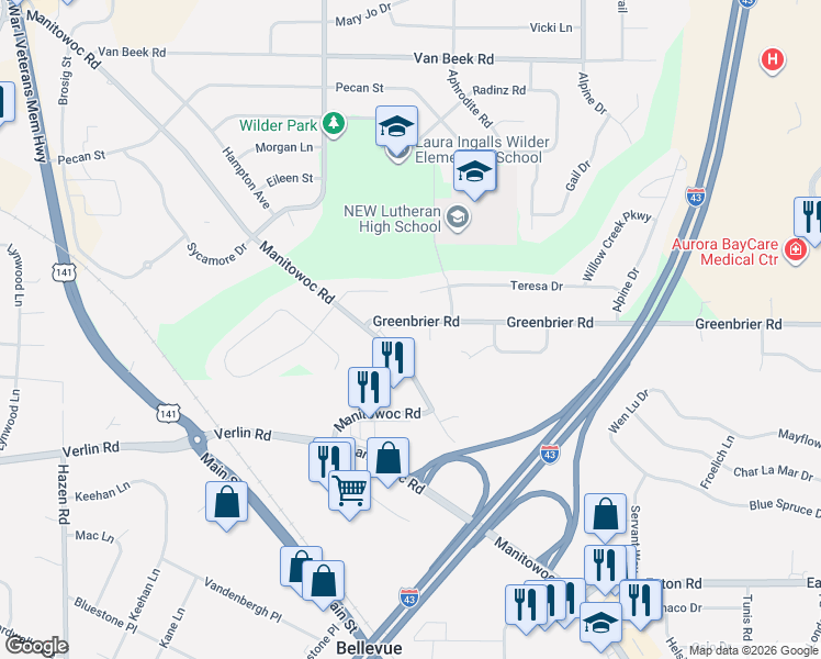map of restaurants, bars, coffee shops, grocery stores, and more near 2579 Greenbrier Road in Green Bay