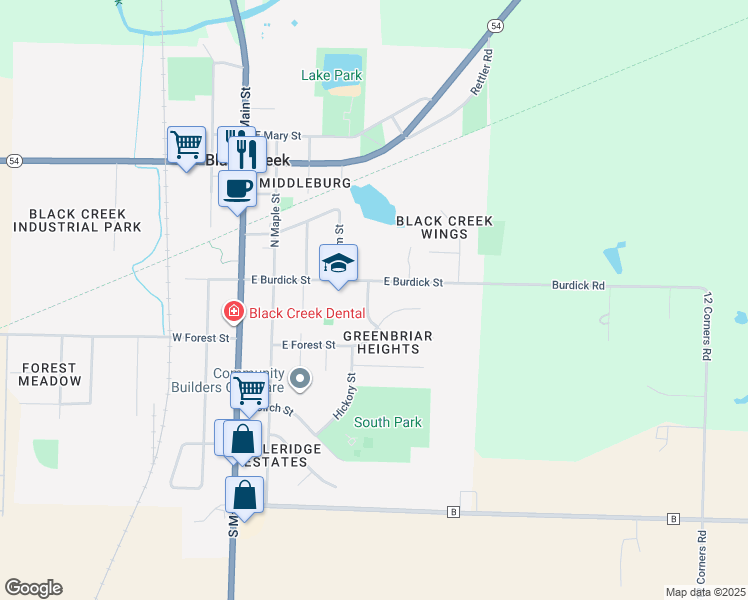 map of restaurants, bars, coffee shops, grocery stores, and more near 506 East Burdick Street in Black Creek