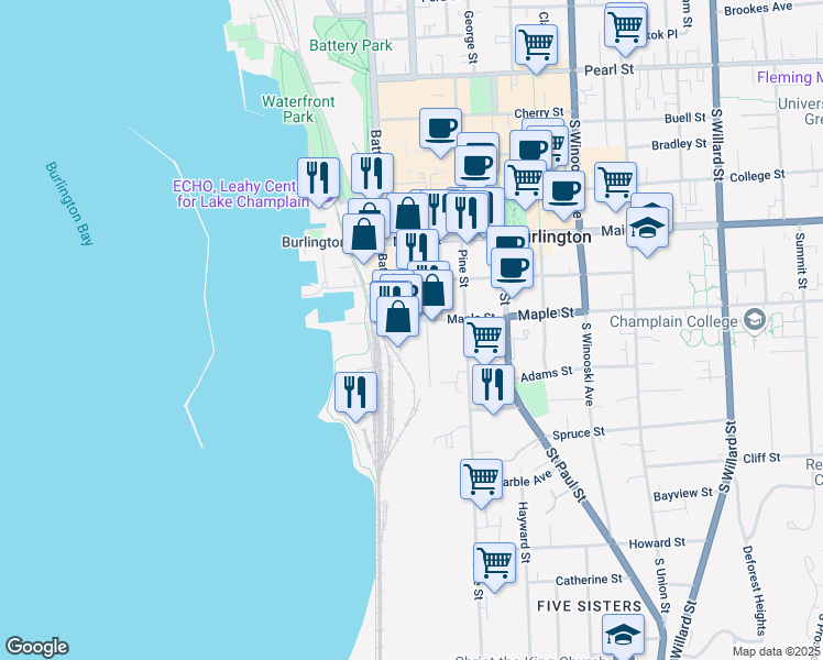 map of restaurants, bars, coffee shops, grocery stores, and more near 57 Maple Street in Burlington