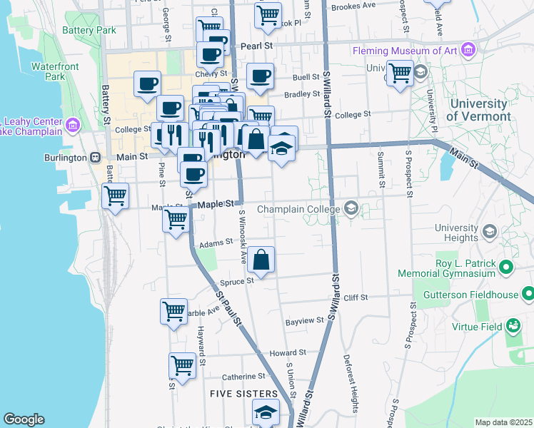 map of restaurants, bars, coffee shops, grocery stores, and more near 231 South Union Street in Burlington