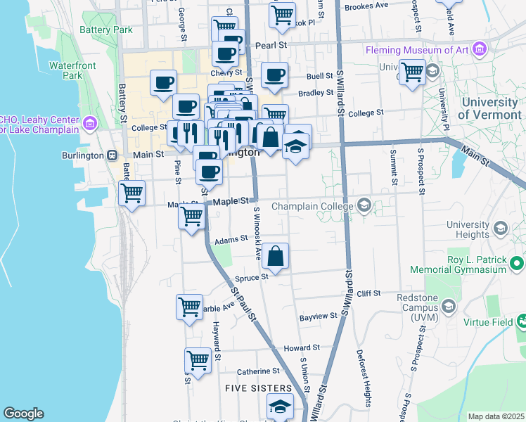 map of restaurants, bars, coffee shops, grocery stores, and more near 230 South Winooski Avenue in Burlington