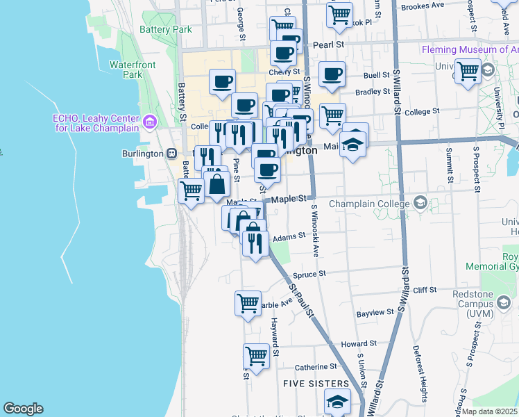 map of restaurants, bars, coffee shops, grocery stores, and more near 139 Maple Street in Burlington