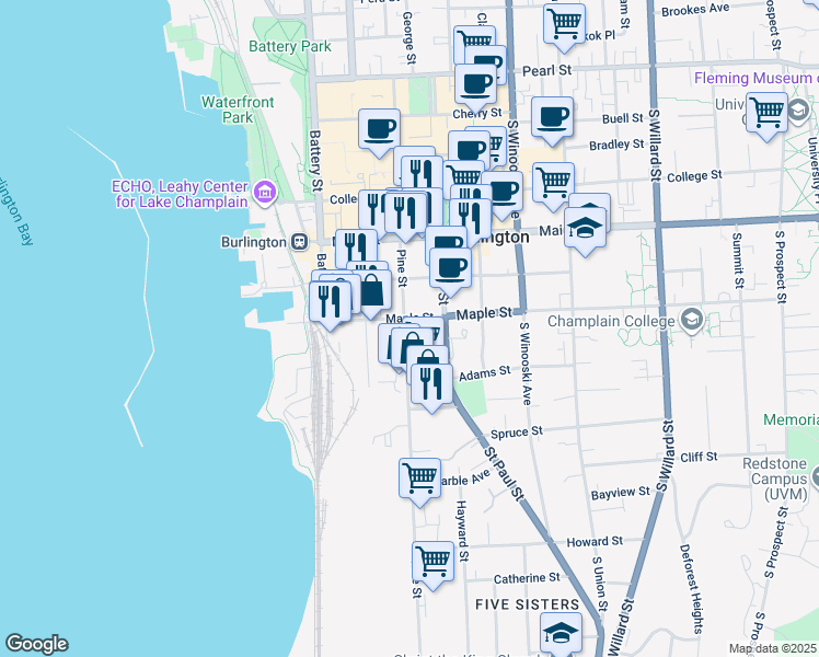 map of restaurants, bars, coffee shops, grocery stores, and more near 111 Maple Street in Burlington