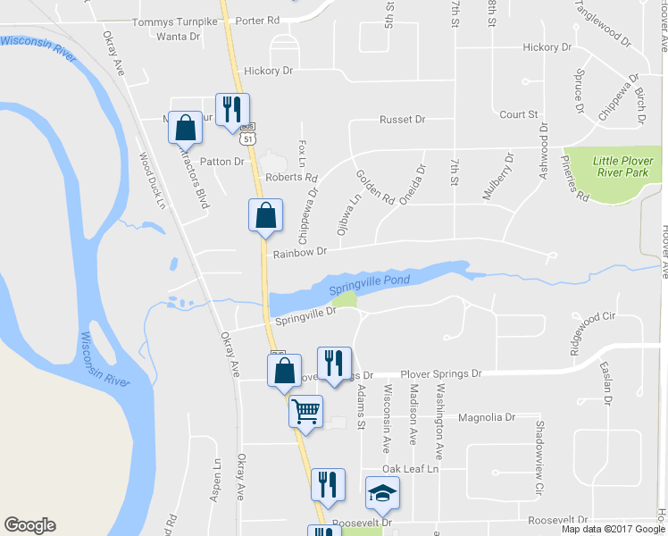 map of restaurants, bars, coffee shops, grocery stores, and more near 2801 Rainbow Drive in Plover