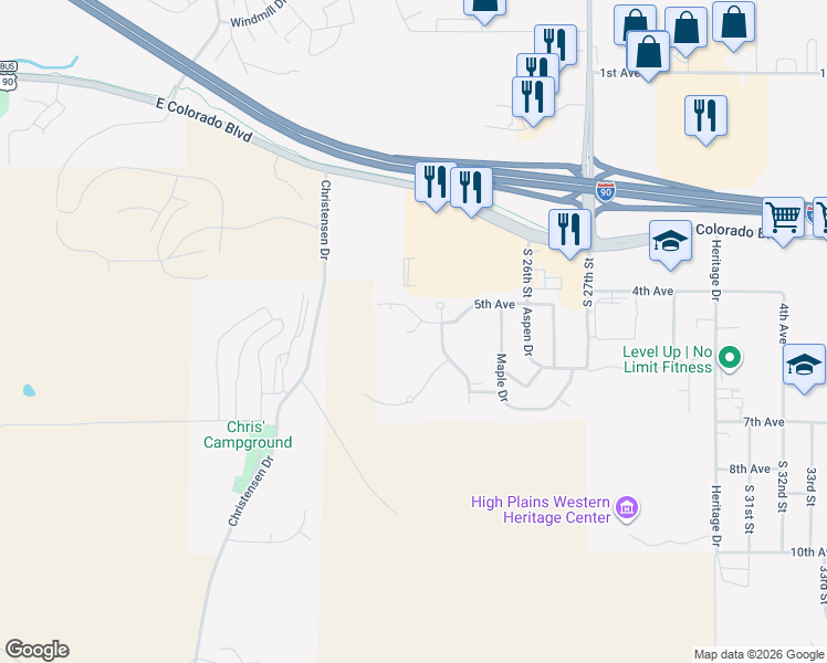 map of restaurants, bars, coffee shops, grocery stores, and more near 400 Belleview Court in Spearfish