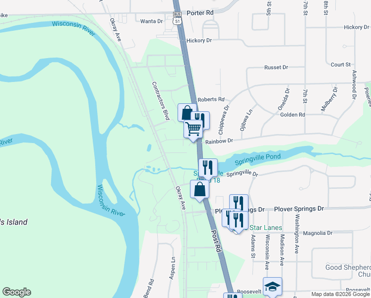map of restaurants, bars, coffee shops, grocery stores, and more near 1642 Okray Avenue in Plover