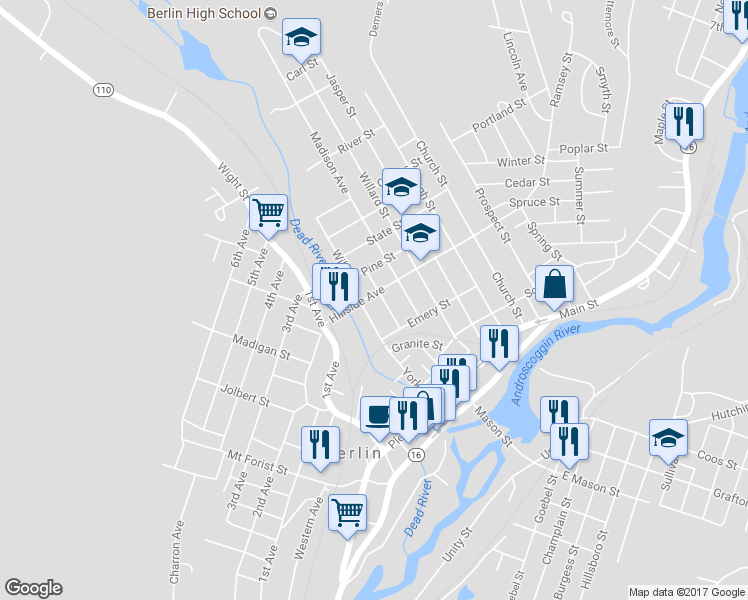 map of restaurants, bars, coffee shops, grocery stores, and more near 90 Hillside Avenue in Berlin