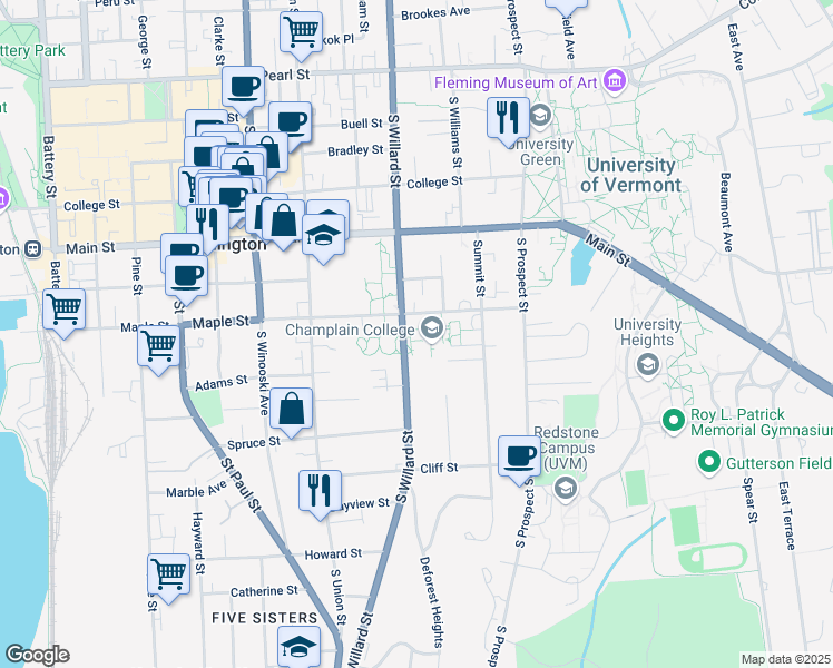 map of restaurants, bars, coffee shops, grocery stores, and more near 246 South Willard Street in Burlington