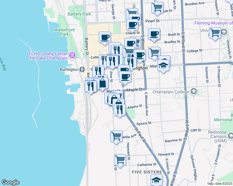 map of restaurants, bars, coffee shops, grocery stores, and more near 111 Maple Street in Burlington