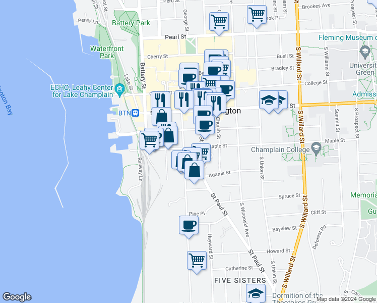 map of restaurants, bars, coffee shops, grocery stores, and more near 111 Maple Street in Burlington