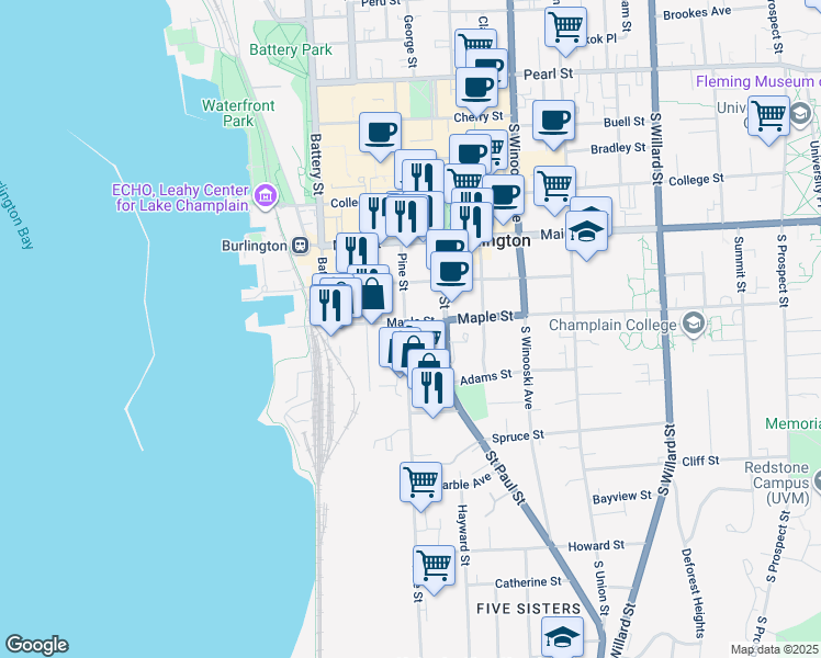 map of restaurants, bars, coffee shops, grocery stores, and more near 111 Maple Street in Burlington
