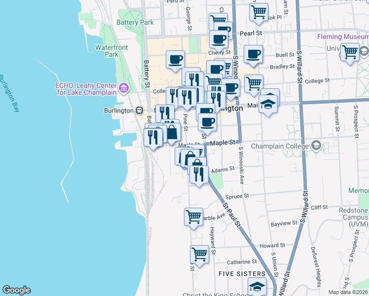 map of restaurants, bars, coffee shops, grocery stores, and more near 111 Maple Street in Burlington