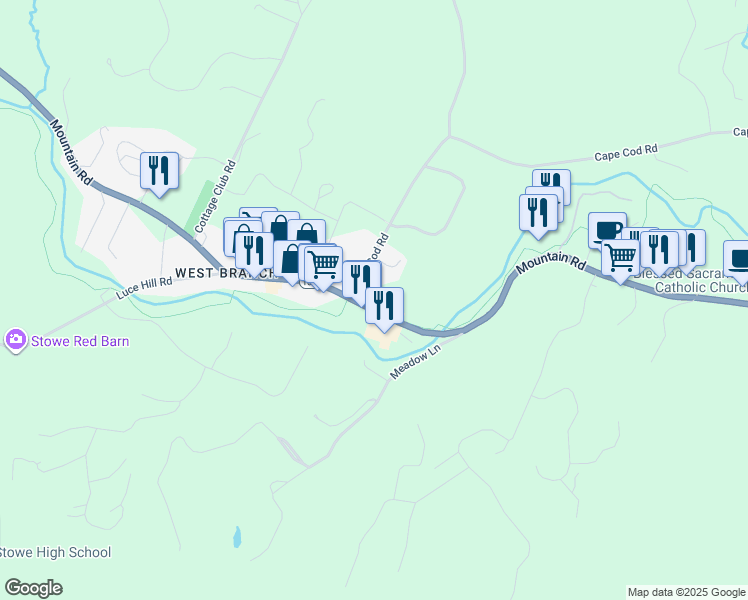 map of restaurants, bars, coffee shops, grocery stores, and more near 1652 Mountain Road in Stowe