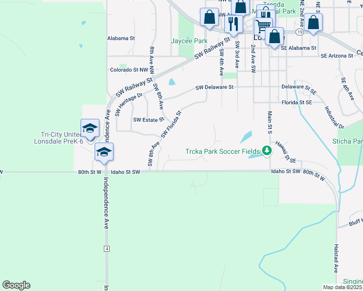 map of restaurants, bars, coffee shops, grocery stores, and more near 930 Harvest Drive Southwest in Lonsdale
